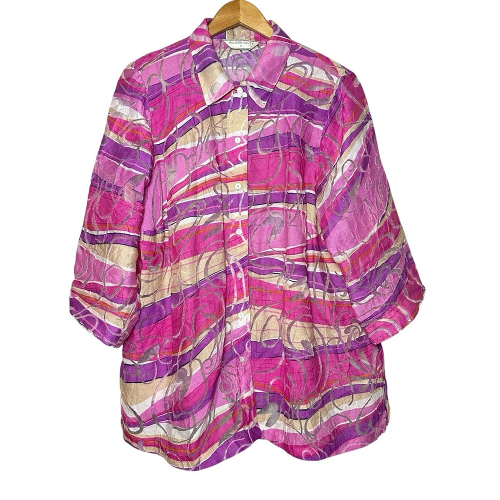 Allison Daley Sheer‎ Abstract Blouse 11/2X Pink Purple Boho Chic Art Y2K Retro
